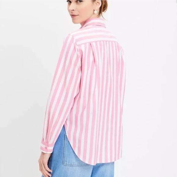LOFT Pink Striped Poplin Oversized Pocket Button Down Size Large - Picture 2 of 8